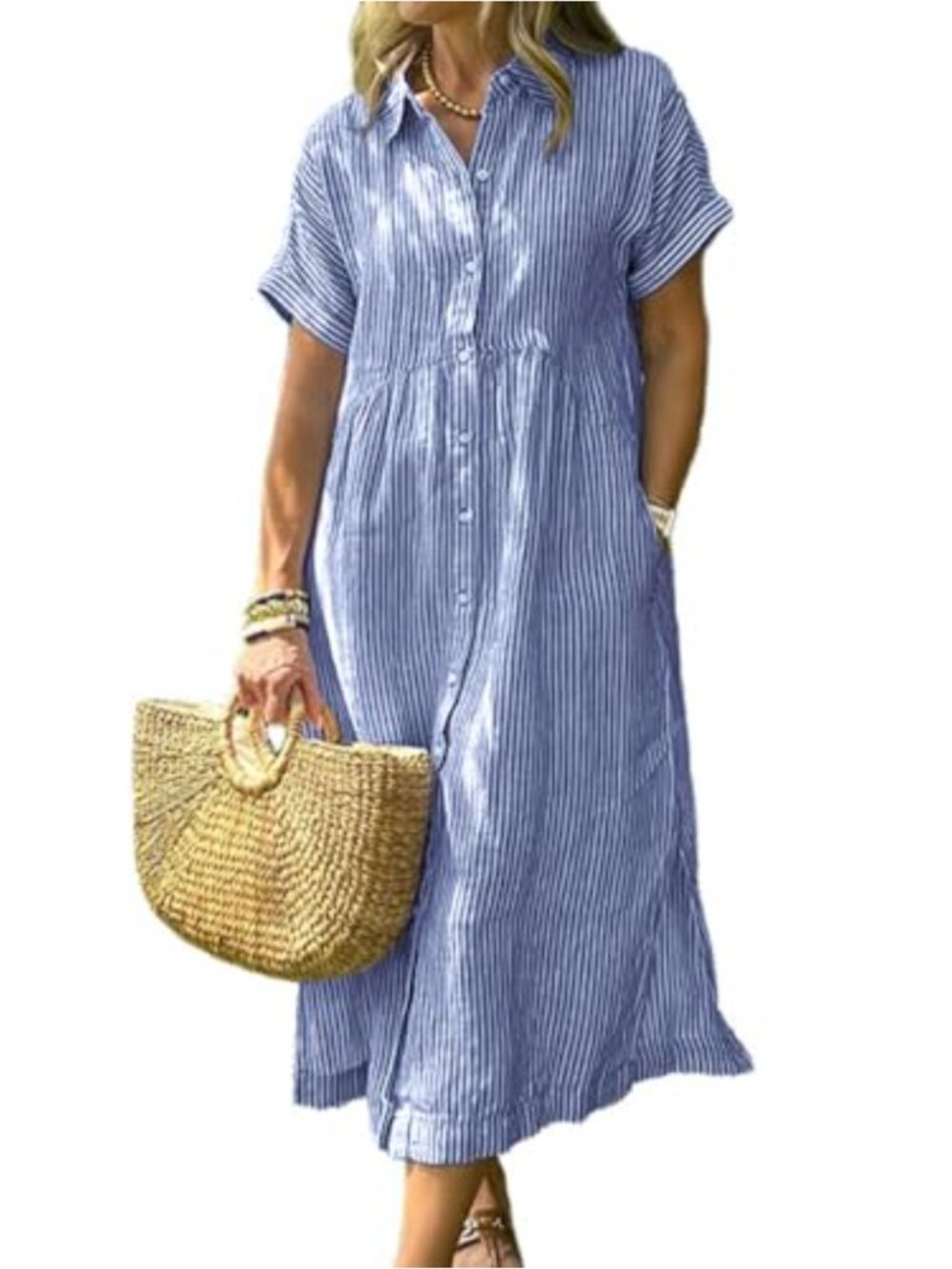 Women's Cotton Midi Shirt Dress with Striped Pattern and A-Line Silhouette